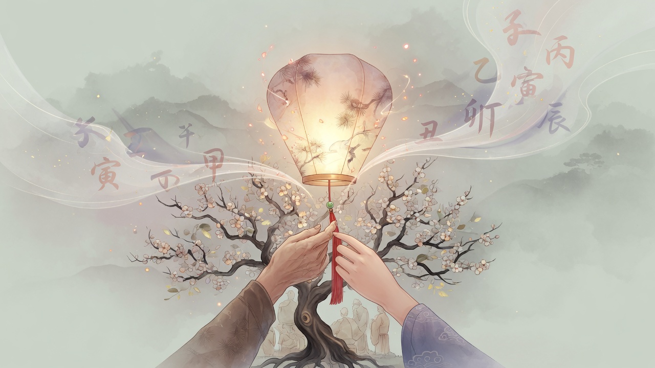 以灯火相传与家族树意象,融合天干地支能量流动的东方命理插画,隐喻孝道与家族气运的延续。