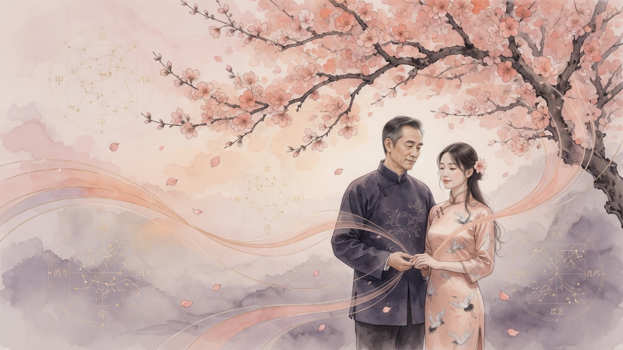 水墨现代风格插画:桃花树下年龄差伴侣,旁有八字命理宇宙图纹,象征和谐缘分