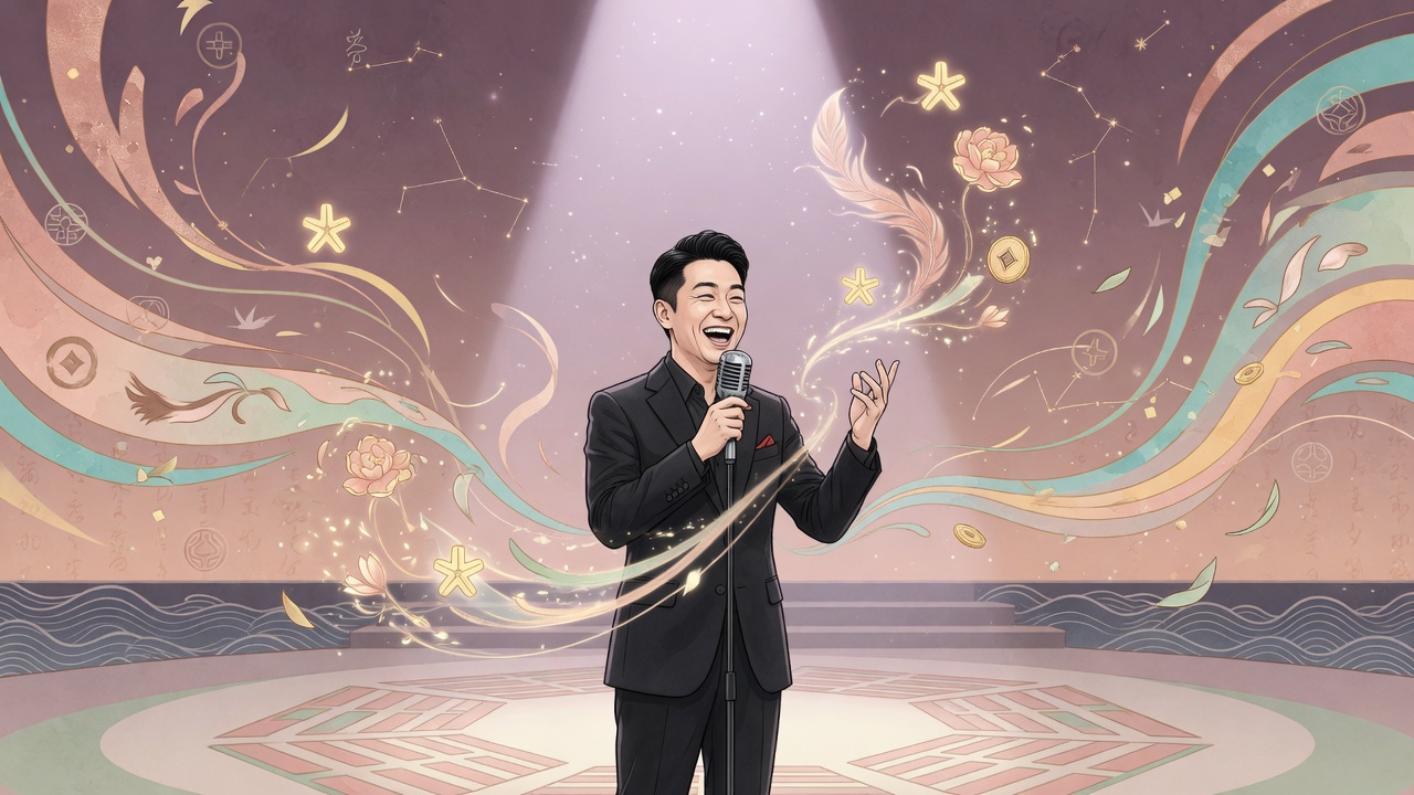 喜剧演员的舞台魅力与命理能量流动示意图