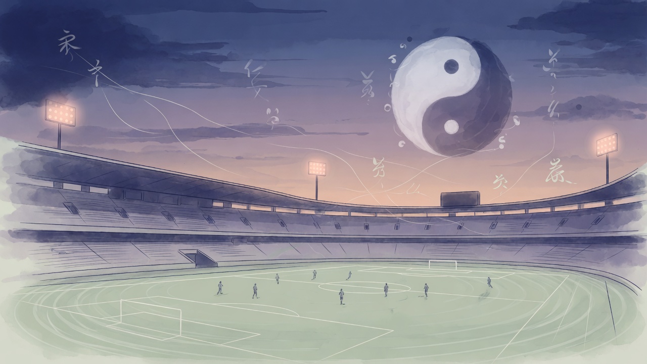 黄昏球场与八字干支元素交融,象征时势与选择的东方哲思插画