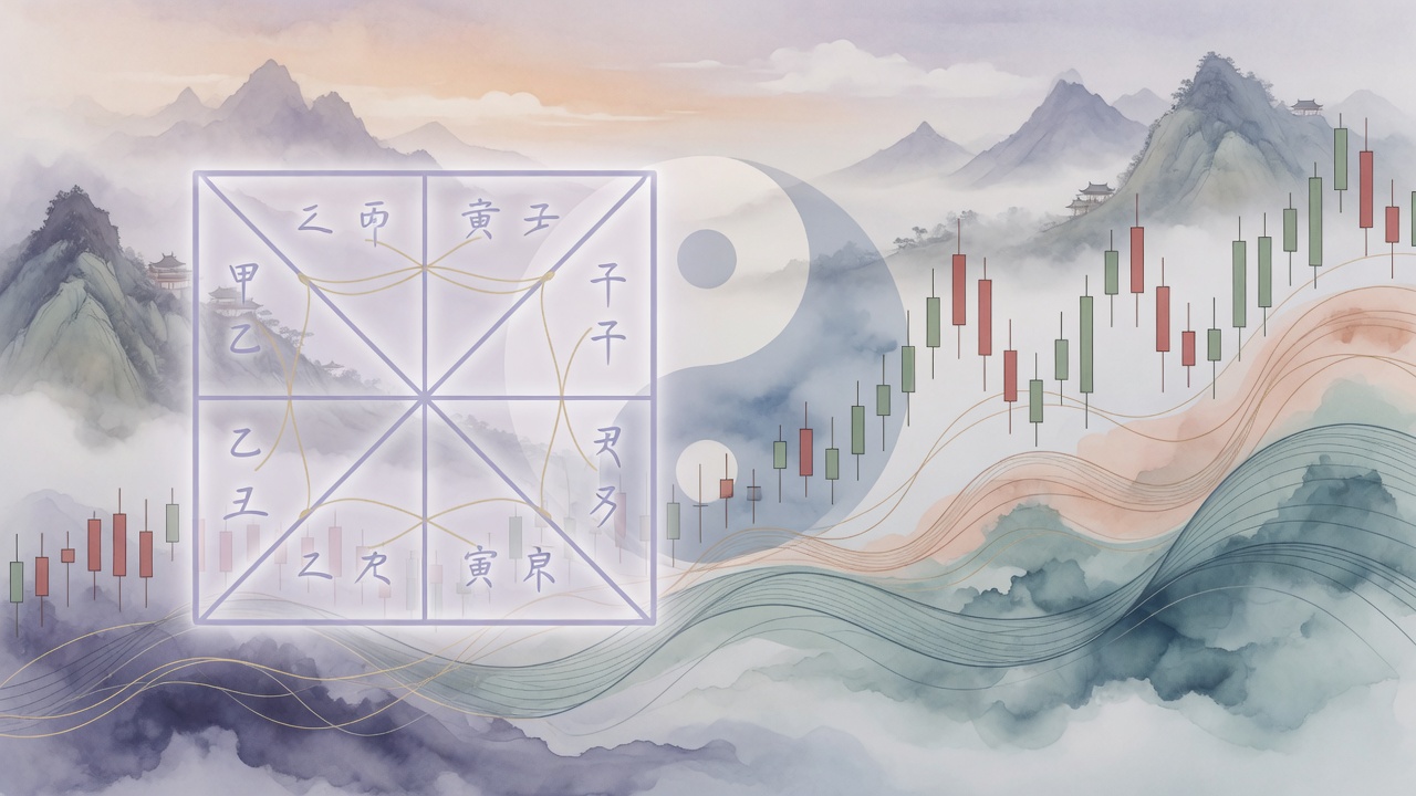 八字元素与金融市场意象融合,象征性格与时势的交织。