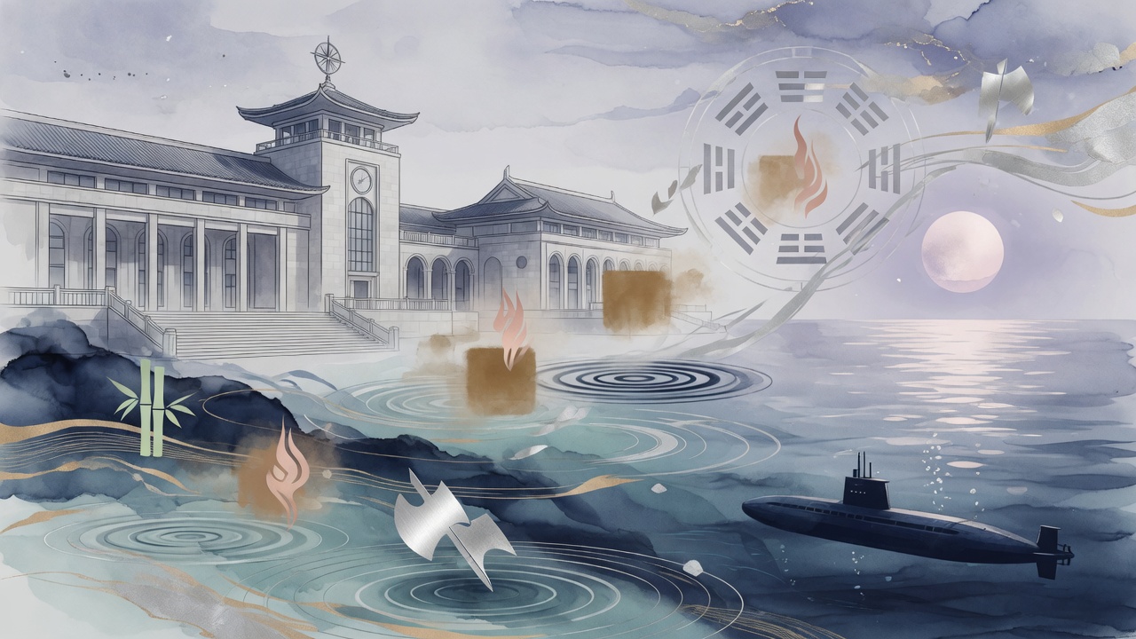 一幅融合海军学校建筑轮廓与五行元素符号的东方水墨现代插画,月光下隐约可见潜艇剪影,隐喻八字文化中的水金力量与时势选择。
