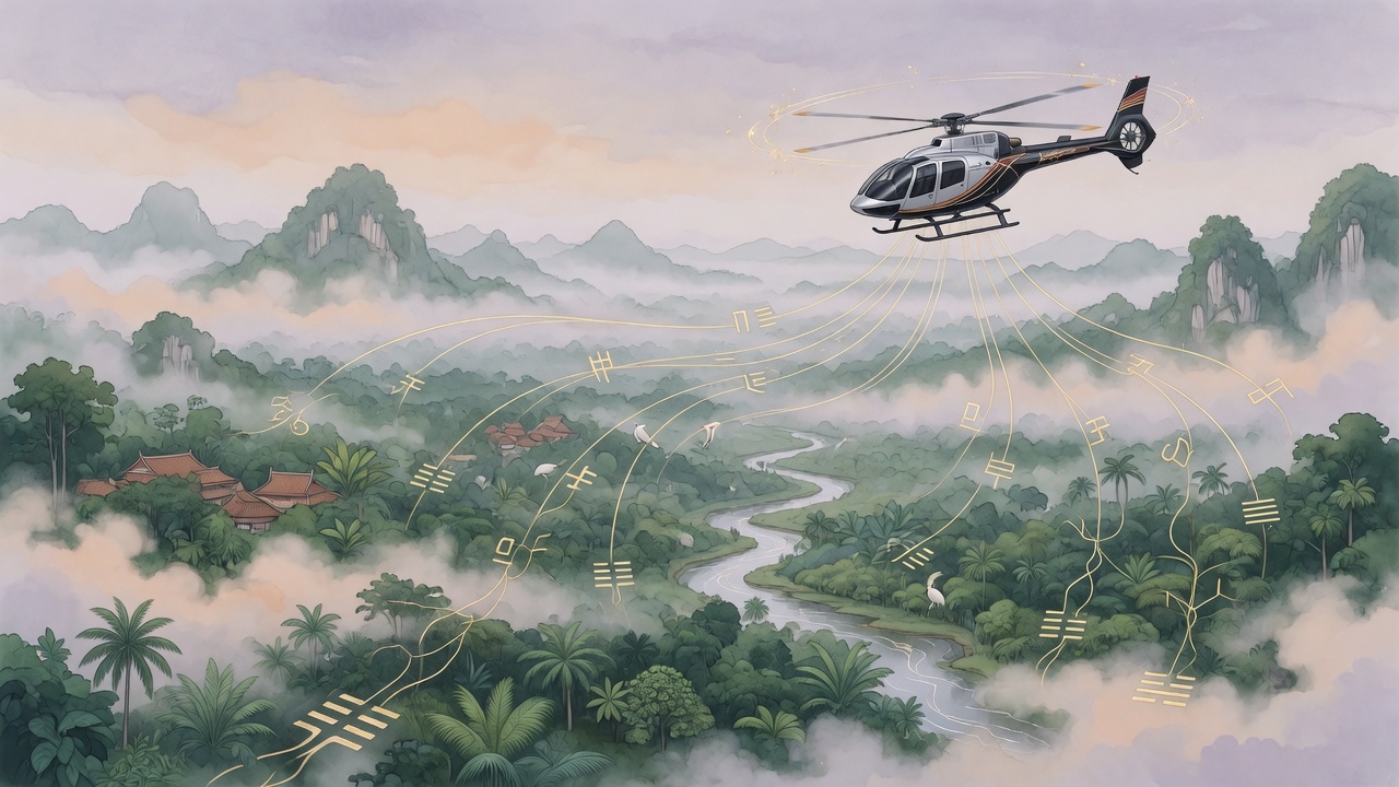 直升机与命理时运的抽象交织,象征突发事件与八字文化中的时机选择