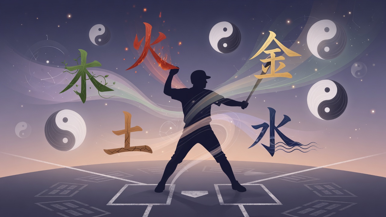东方命理五行意象与棒球二刀流融合插画,象征天赋与时势的动态平衡。