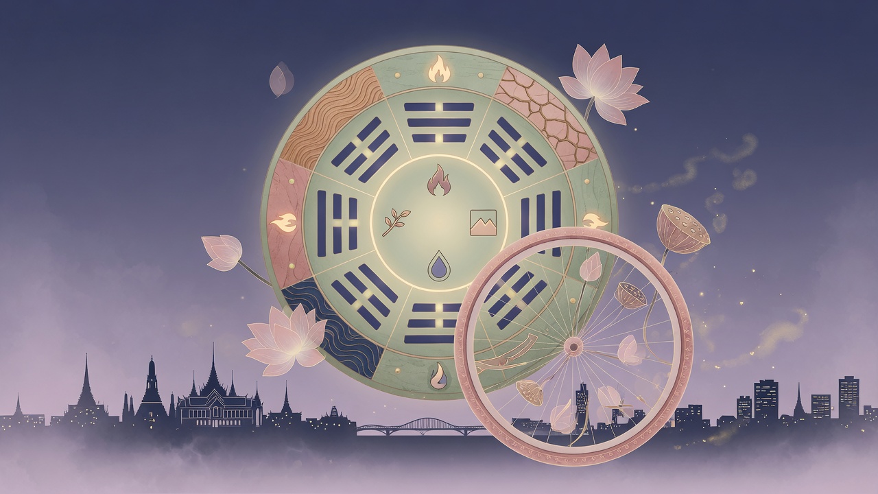 抽象插画:融合东方命理与泰国元素的五行八卦罗盘,自行车轮意象隐现其中,寓意人生选择与宇宙规律的交织。