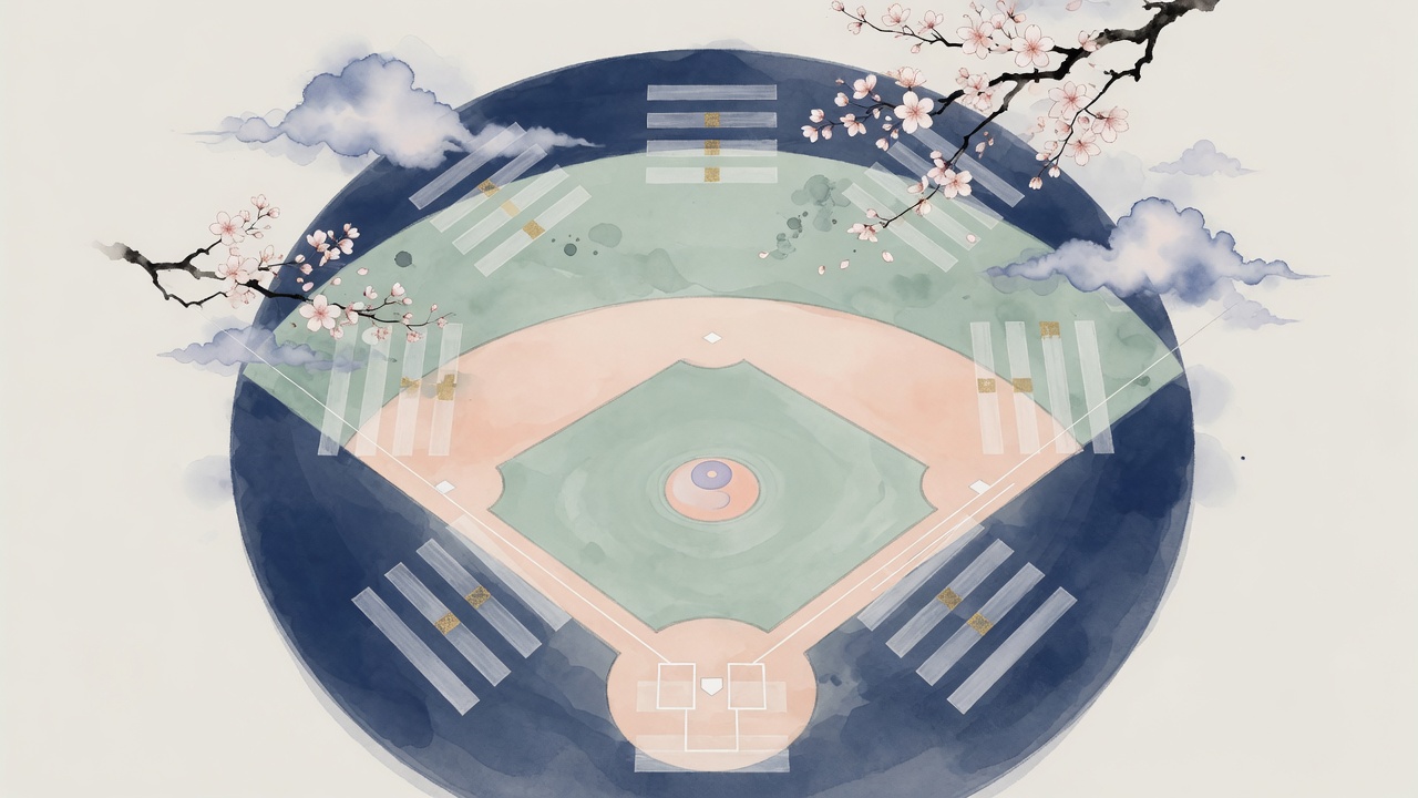 传统八字智慧与棒球赛场碰撞的现代插画,寓意性格、时机与选择的交织。