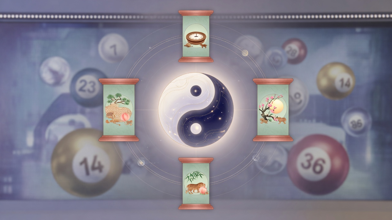 古老的八字命盘与现代彩票直播屏幕交织,寓意在追逐外在运气之前,先向内认识自己的性格与时势。