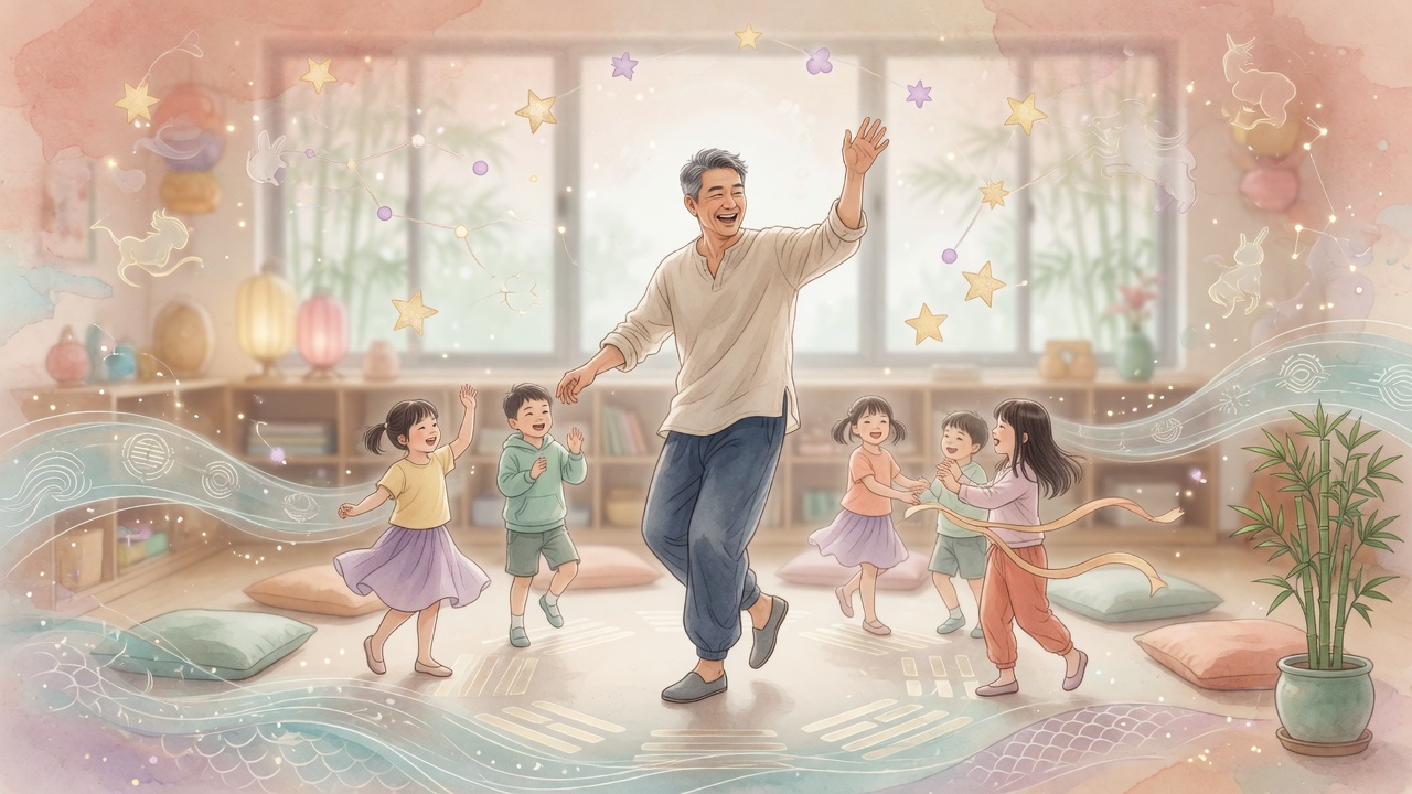 温馨插画:郭富城与孩童共舞,传统命理符号环绕,寓意食伤才艺与印星传承