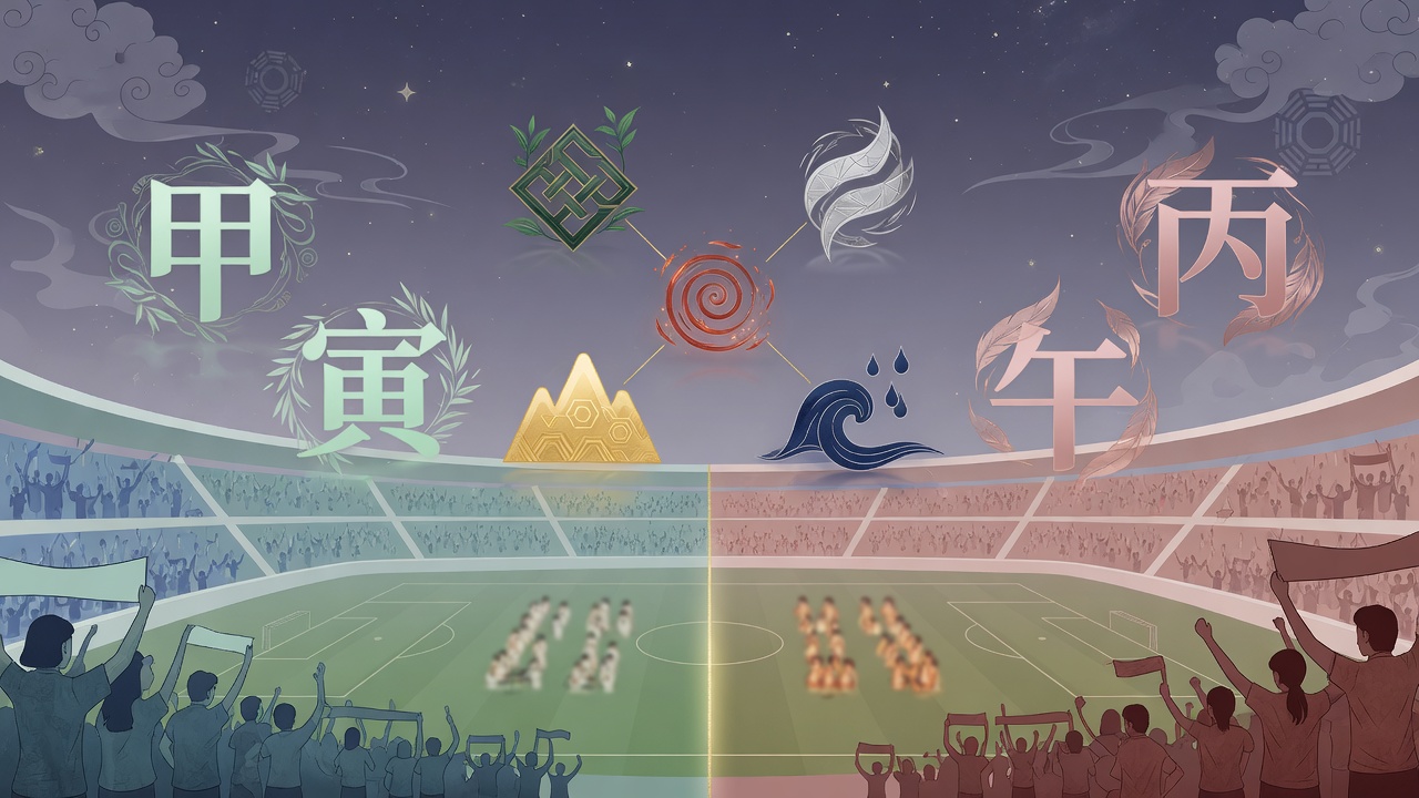 八字元素与现代足球场景的融合意象,寓示性格、选择与时势的交织