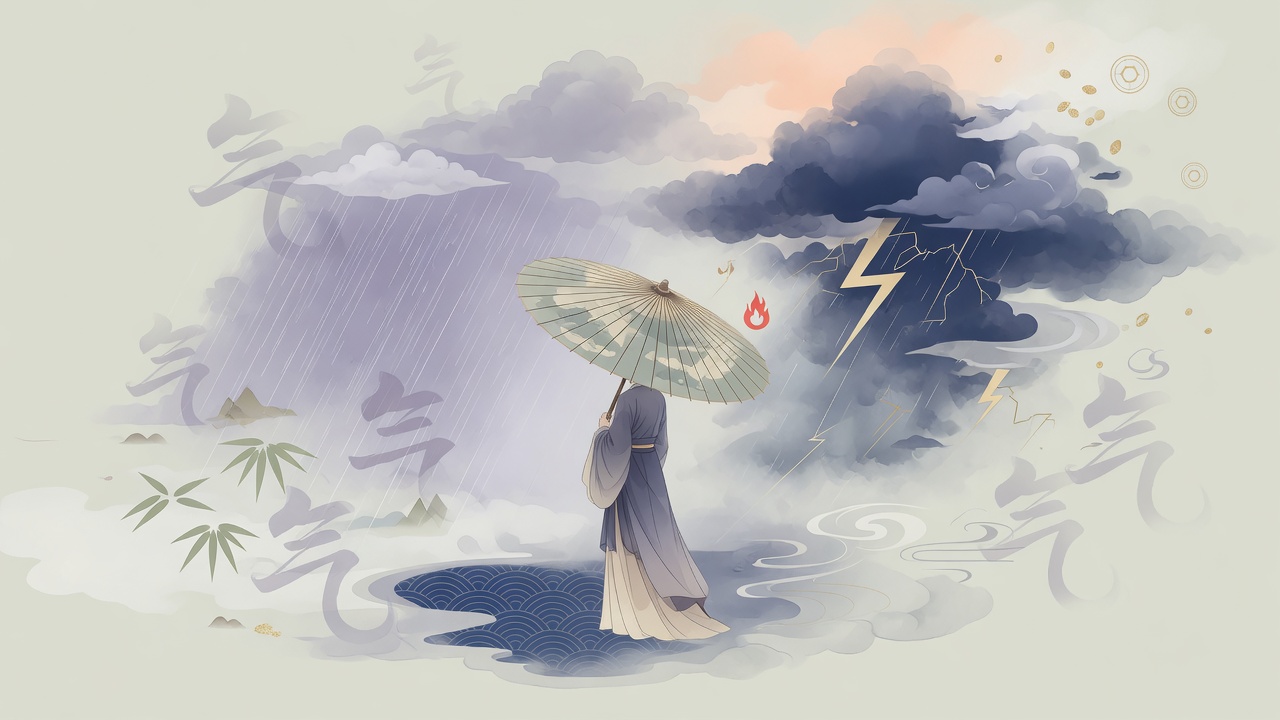 风雨中持伞而立的人,周围流转着五行元素与“气”的抽象符号,寓意八字文化中内在定力与外在时势的互动。