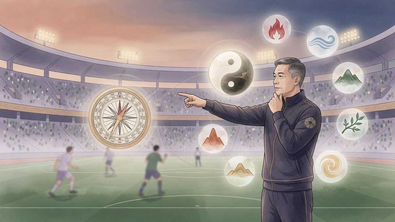 八字五行与足球战术的意象融合,象征性格、时势与选择的交织。