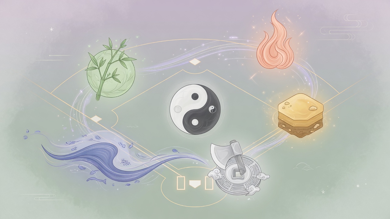 棒球场与五行生克能量交织的东方命理现代插画,用于象征八字文化中的性格与时势互动