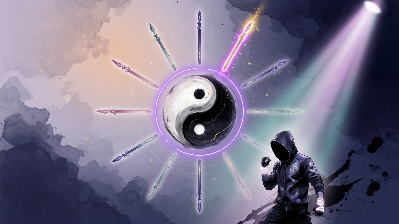 以阴阳太极与比劫星为视觉核心,融合格斗剪影与舞台灯光的东方命理插画。