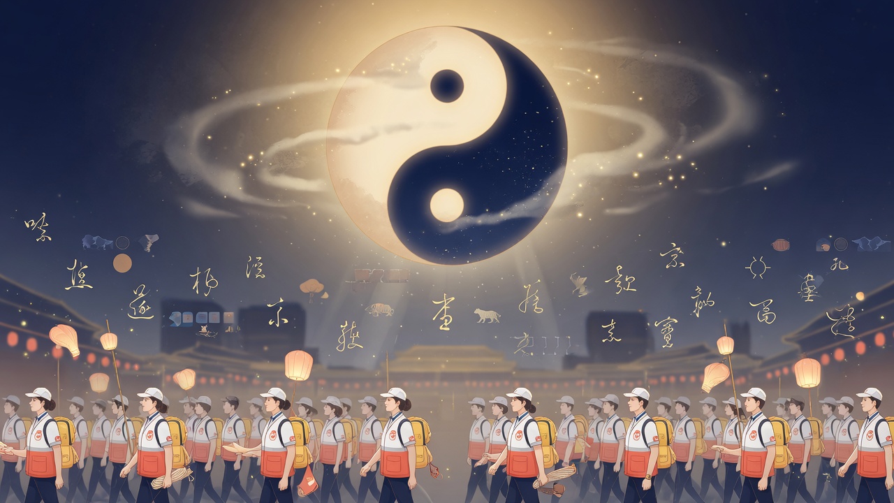 国庆庆典与八字择日意象融合的插画,象征天时与人和的呼应。