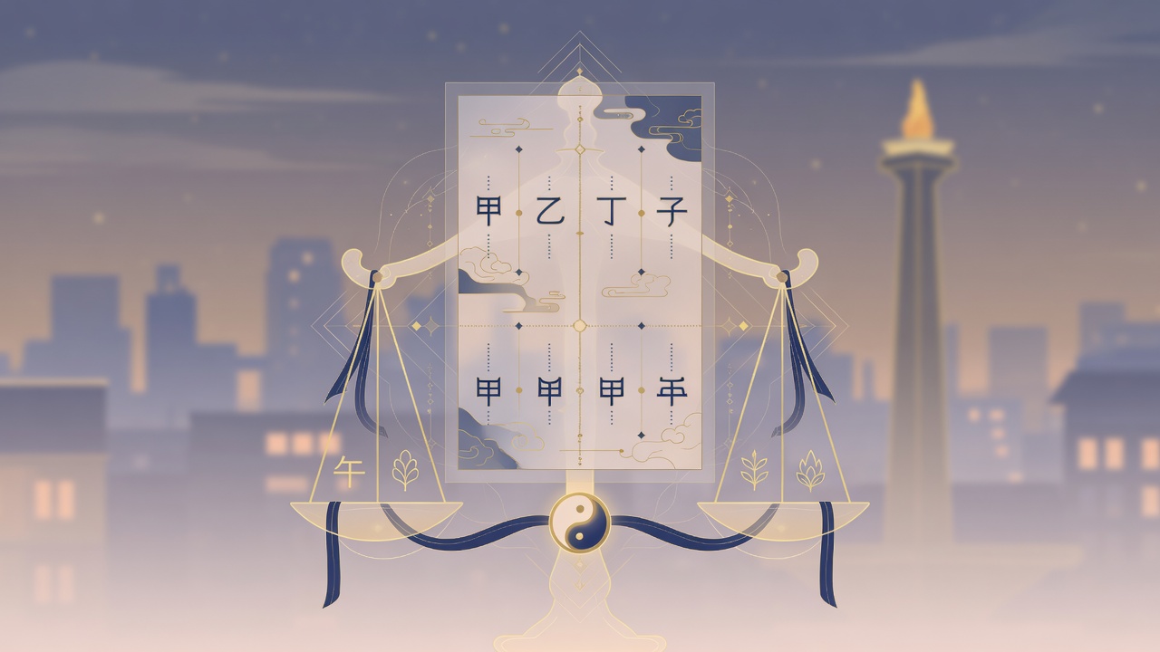 一幅温暖色调的现代插画,抽象化的八字命盘与象征司法的天平剪影交融,背景为虚化的雅加达城市天际线。