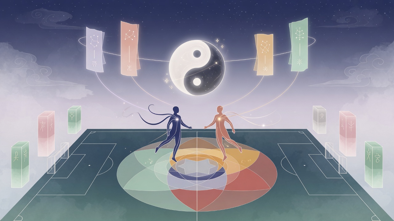 足球场与八字命理元素交融的现代插画，隐喻性格、时势与选择的关联。