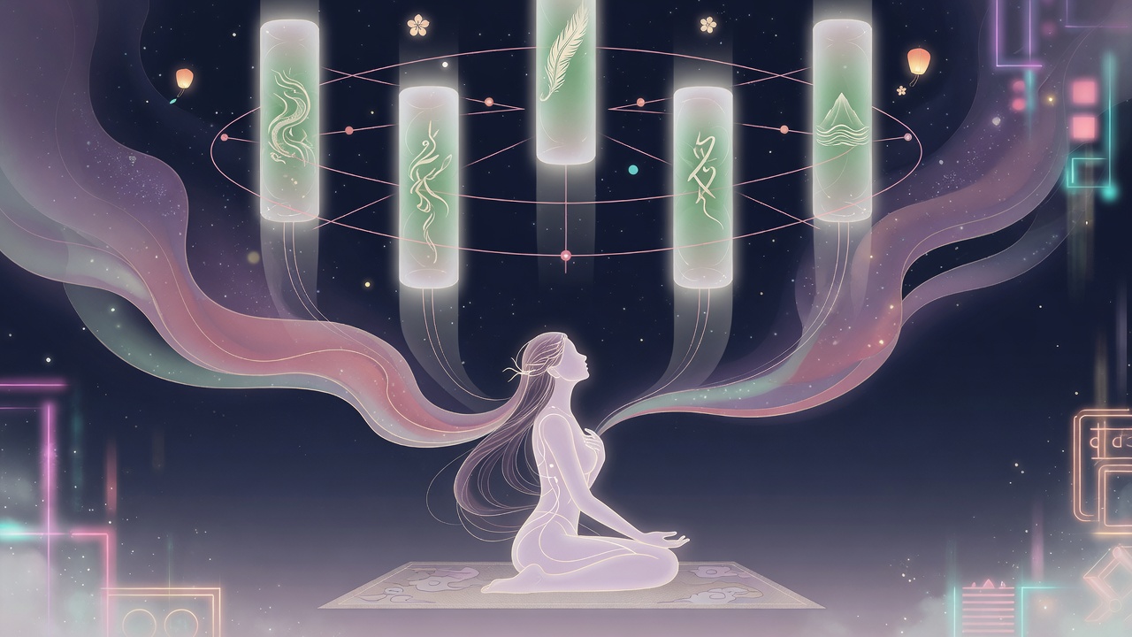 东方命理与现代都市美学交融的意境插画,象征个体命局与时代能量的互动。