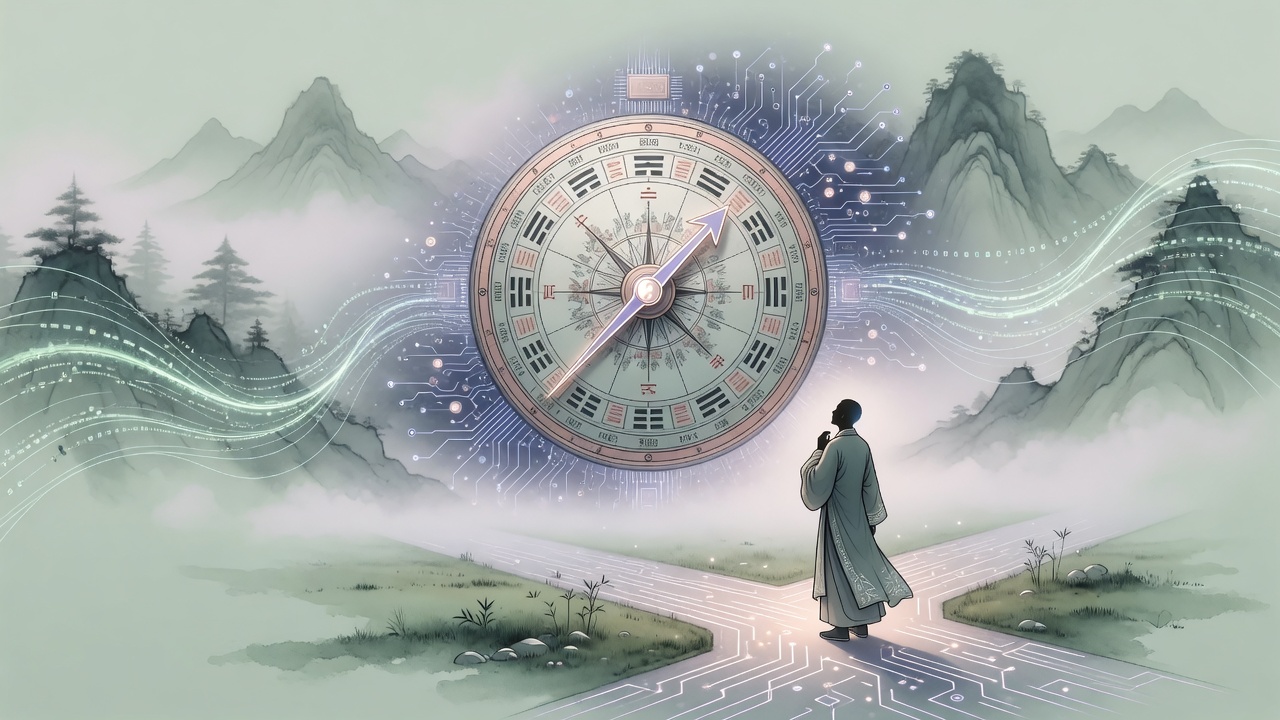 传统命理与数字时代的意象交融,寓意在变革中寻找内在秩序。