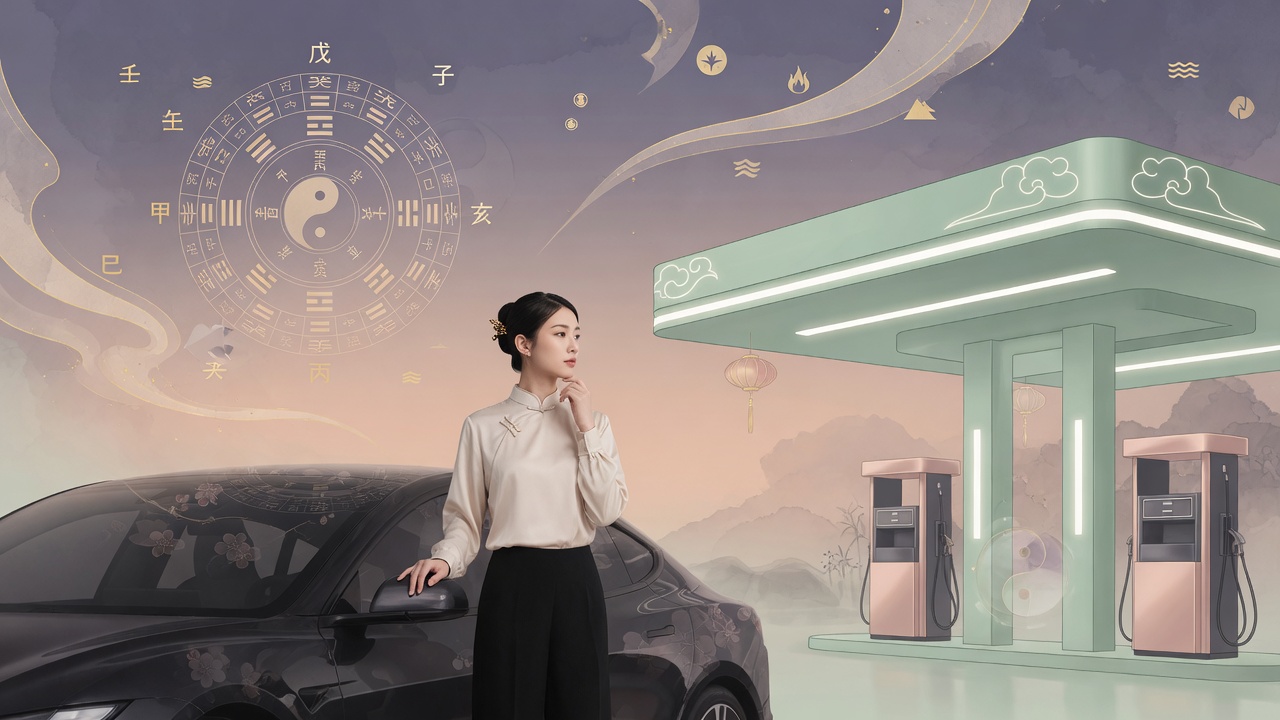 八字命理与现代生活场景融合插画,展现个人选择与时代变局的对话。