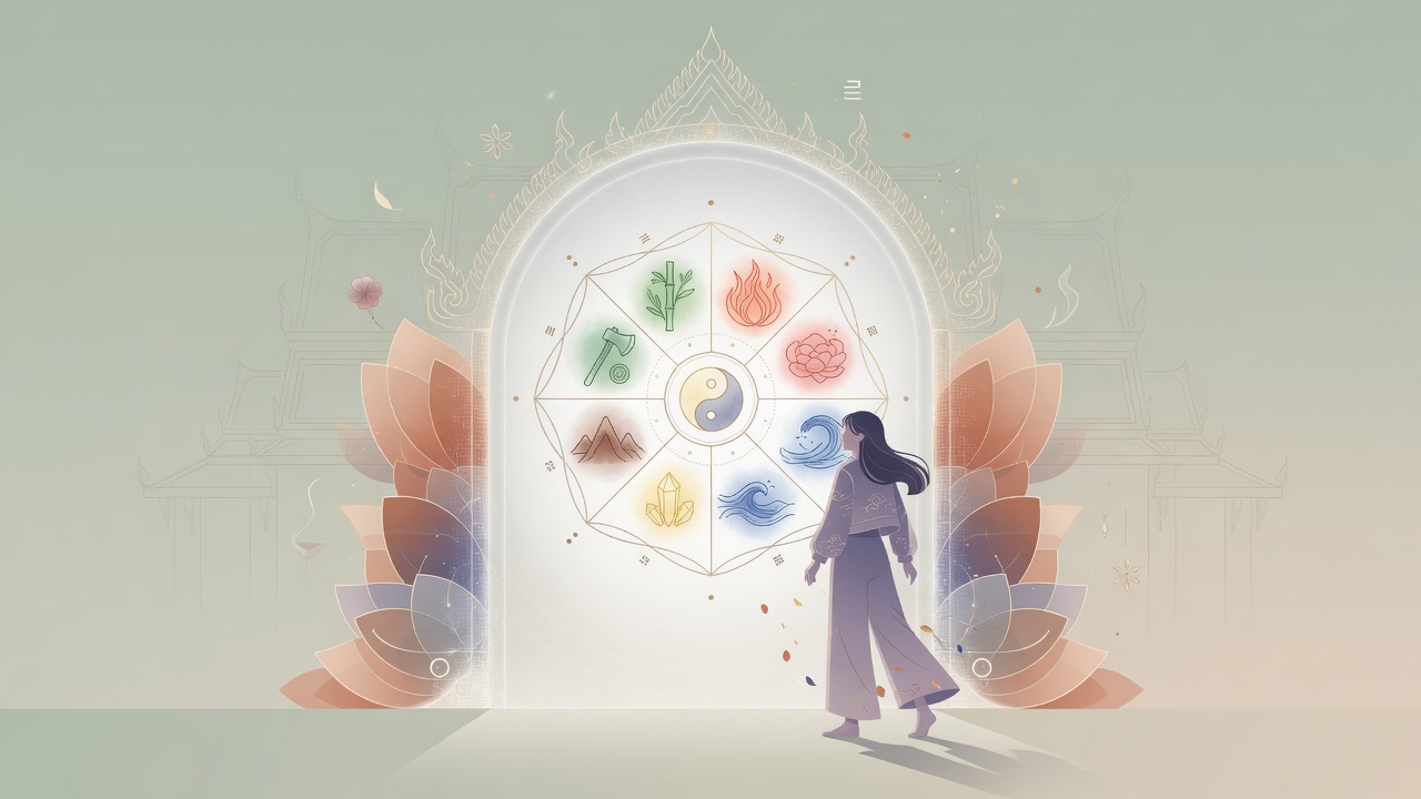 东方命理与现代数字门户的抽象插画,寓意时势与个人选择的交汇