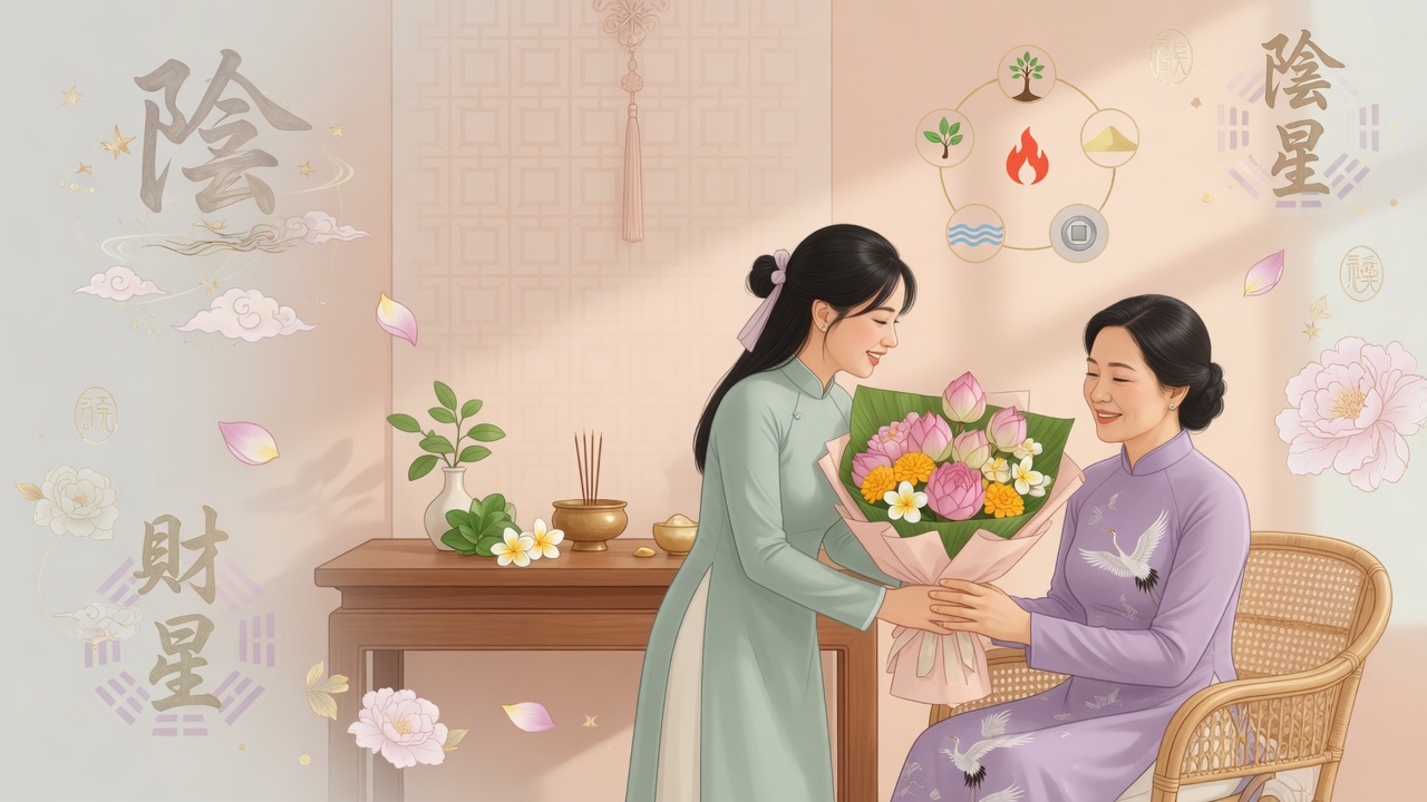 越南妇女节温馨插画:女儿向母亲献花,背景融入八字印星与财星的东方命理符号,传递家庭关怀与感恩。