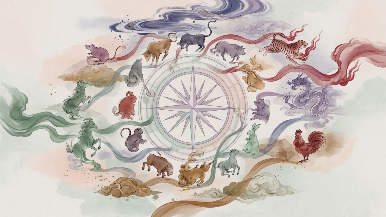 天干地支与十二生肖交织的五行能量场,现代东方美学插画