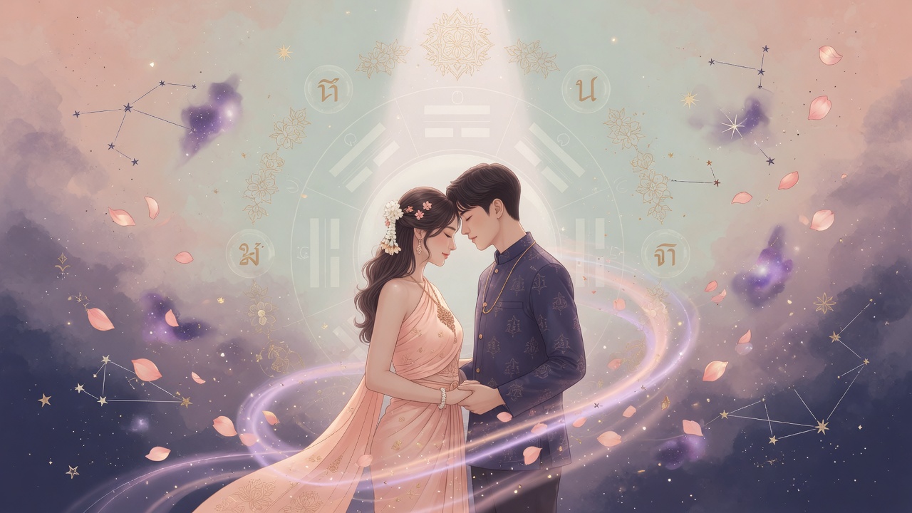 现代插画:泰国文化元素与八字星象交融,聚光灯下的情侣被桃花与星辰环绕