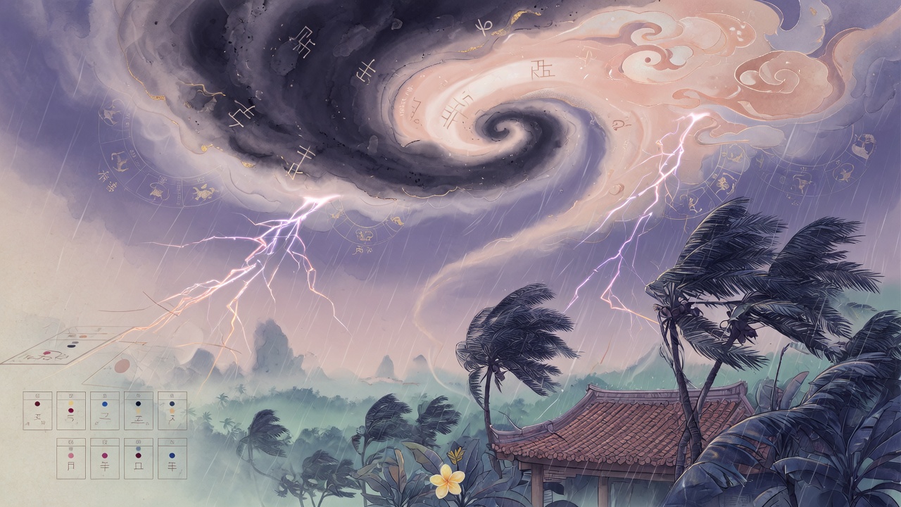 雷暴与节气交织的东方命理插画,展现天象与人文的深层联结。
