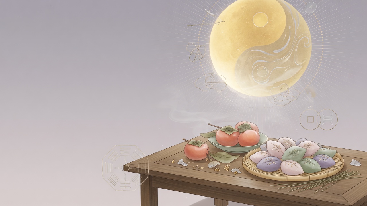 中秋月圆与五行金气意象融合的现代插画,象征收获与团圆。