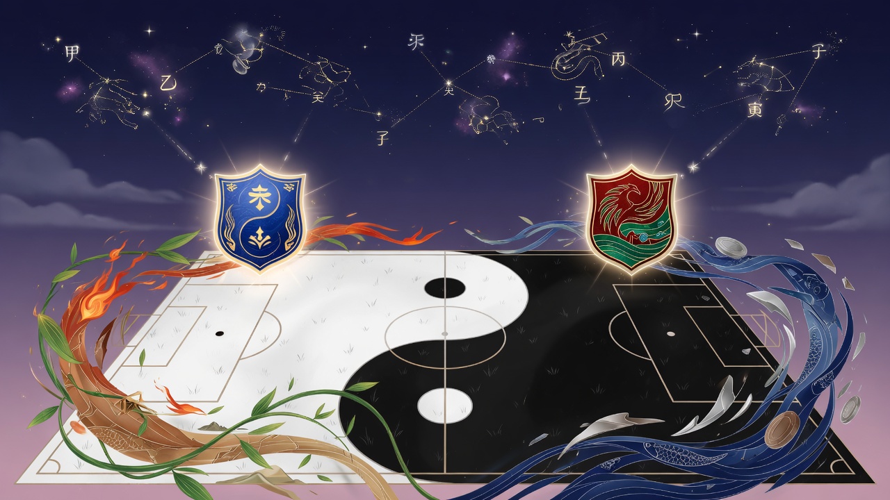 阴阳交织的绿茵场上,五行能量如星辰流转,隐喻两支球队性格与气运的碰撞。