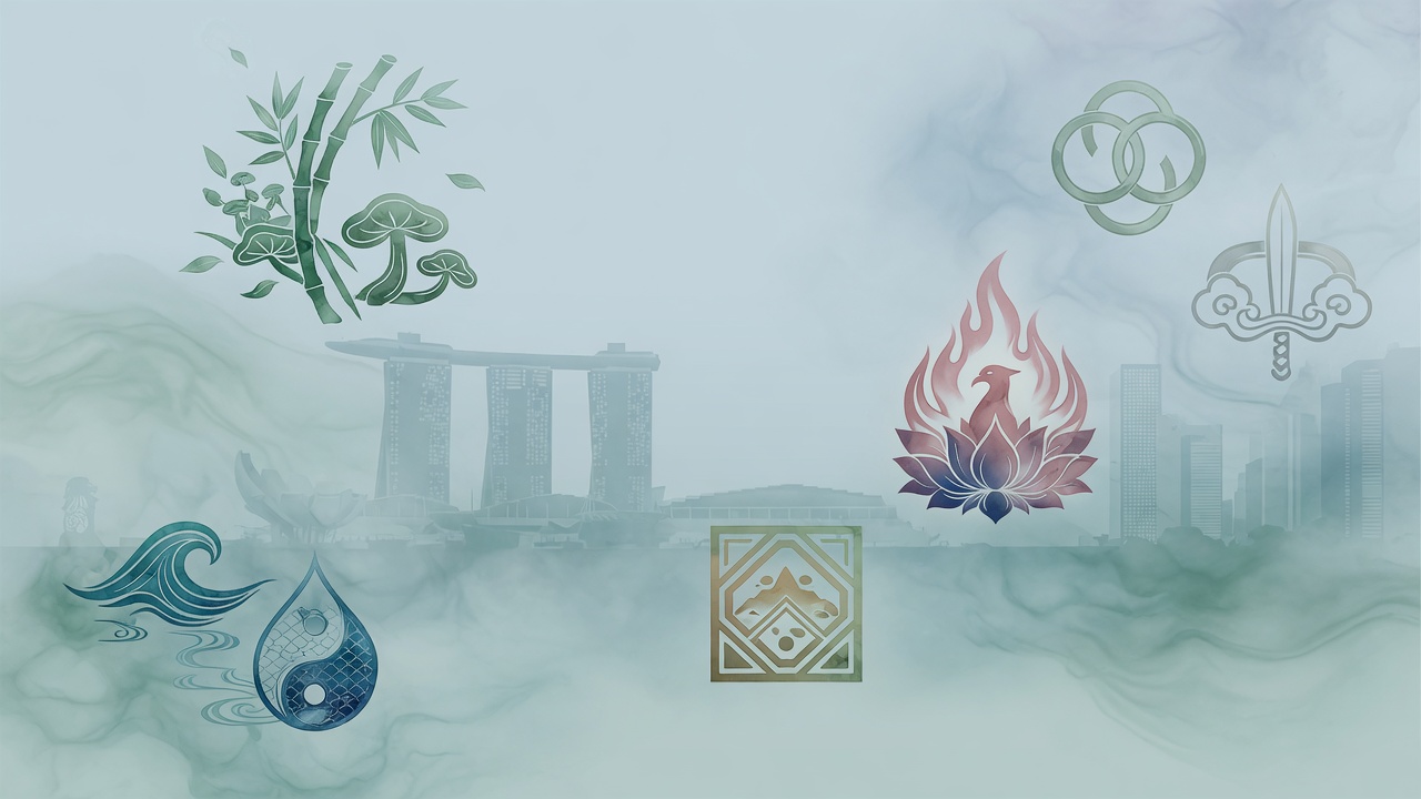 雾霾笼罩下的新加坡天际线,融入五行符号意象,体现人与自然和谐共生的主题
