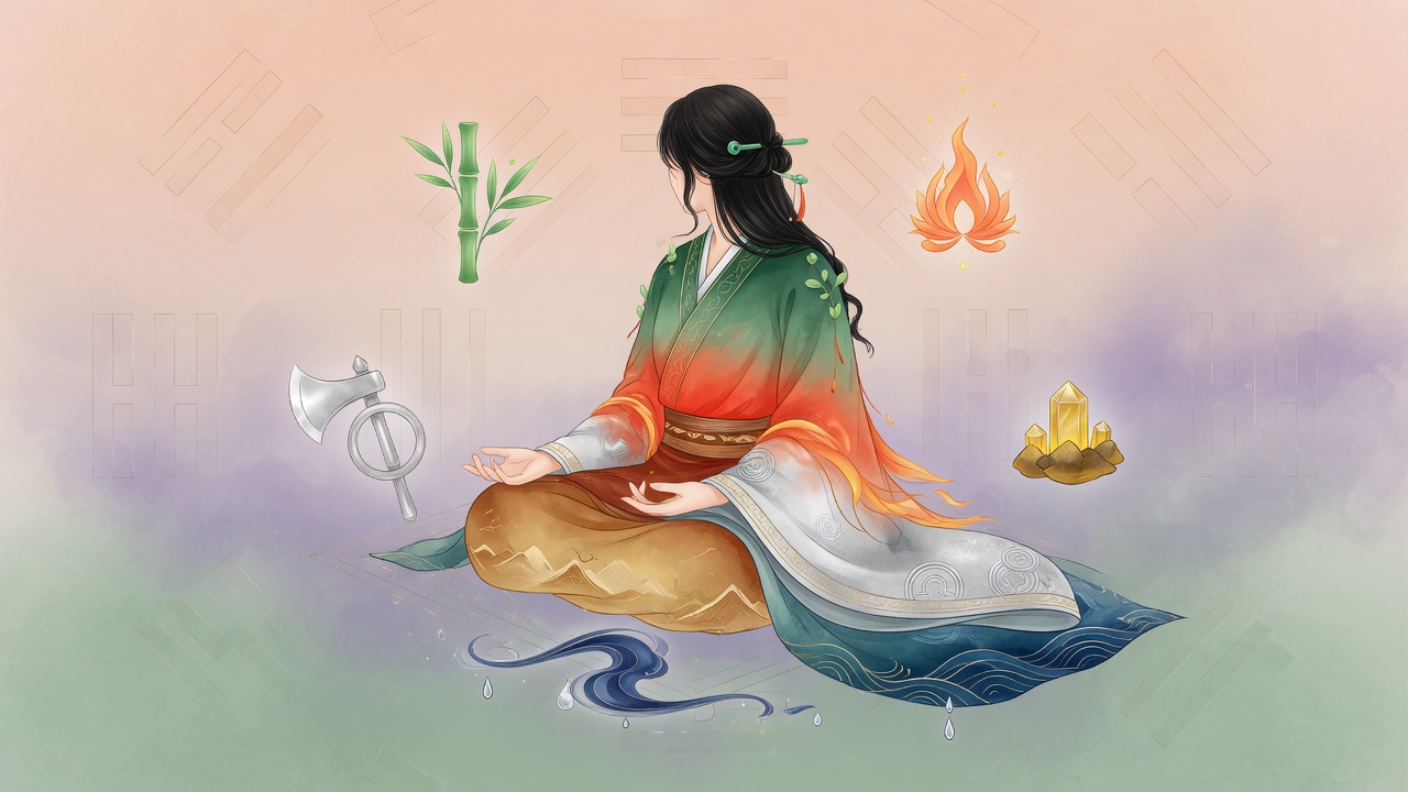 融合泰国吉祥色与八字五行元素的现代东方插画,展现服饰色彩随五行流转的和谐意境。