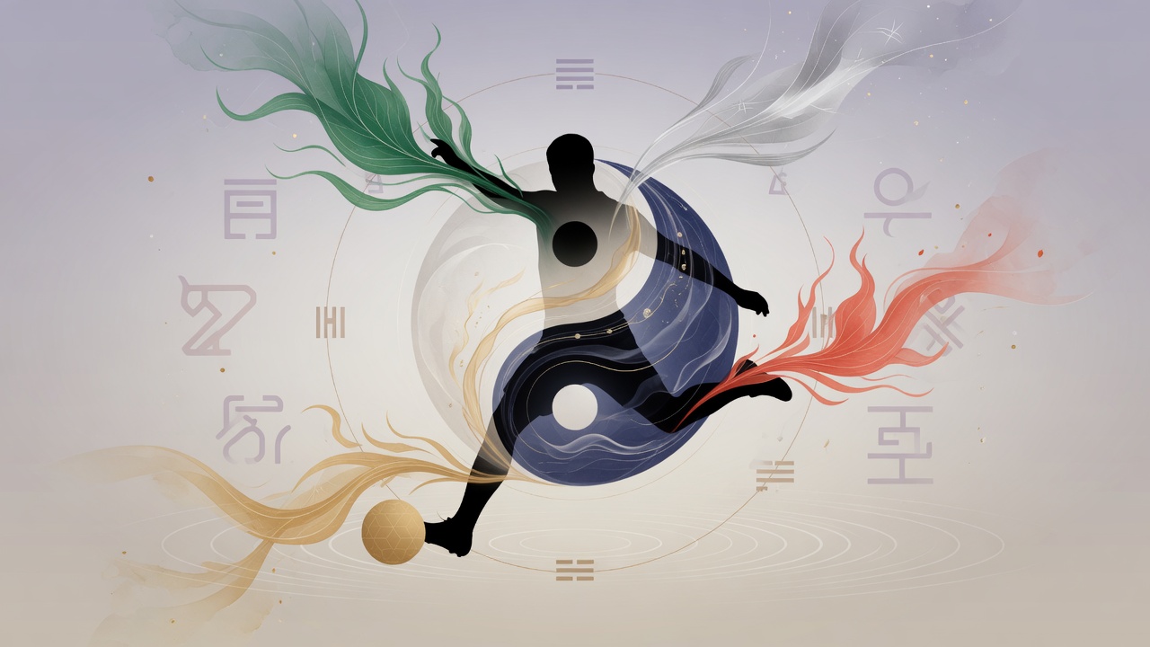 足球与东方命理元素融合的现代插画,象征性格、选择与时势的交织。