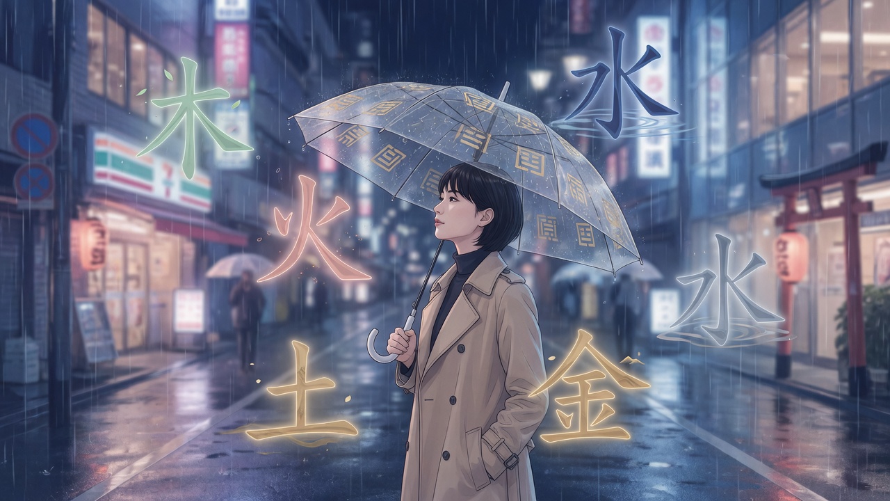 雨中东京街头,五行元素若隐若现,传统八字智慧与现代生活交融。