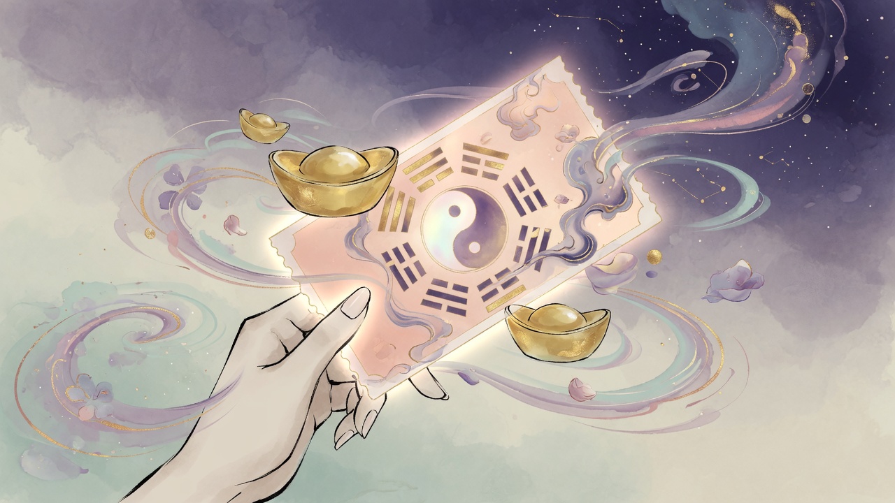 一张彩票在八卦与金元宝交织的东方命理插画中闪耀,寓意横财天降