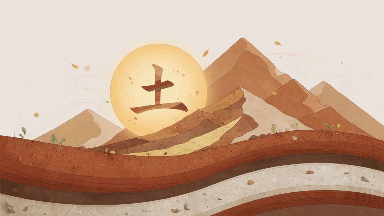 五行土元素现代插画,展现大地承载与转化。