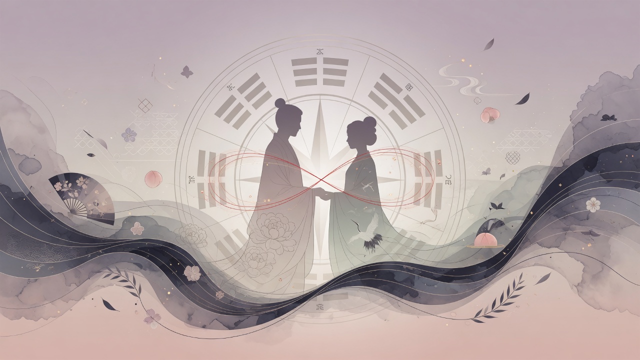 以东方命理元素结合现代婚庆氛围的抽象插画,寓意性格、选择与时势的交融。