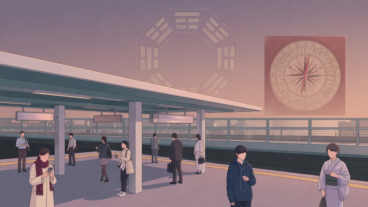 东西线站台上,等待中的人们与远处若隐若现的罗盘太极图,暗示着变局中的古老智慧。