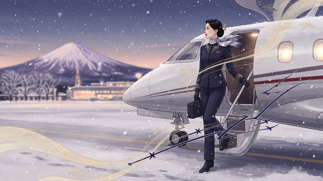 现代插画:王室女性飞行员在札幌机场展现技艺与胆识,金色与靛蓝的能量线条隐喻八字中的食伤与七杀