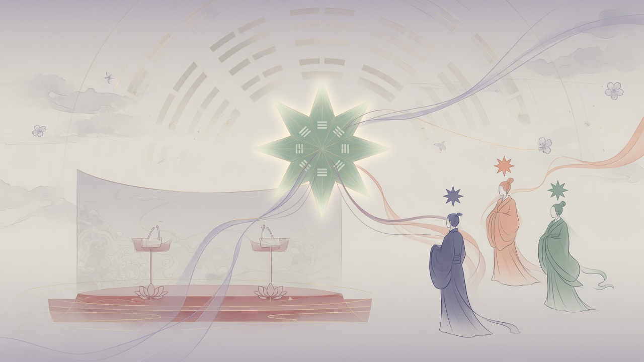 东方命理现代插画:官星与比劫的抽象博弈,背景为政治讲台意象,无文字。