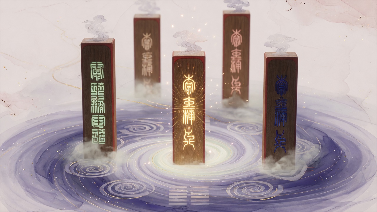 以现代水墨风格表现八字四柱,中央日柱光芒最盛,象征日主的核心地位。