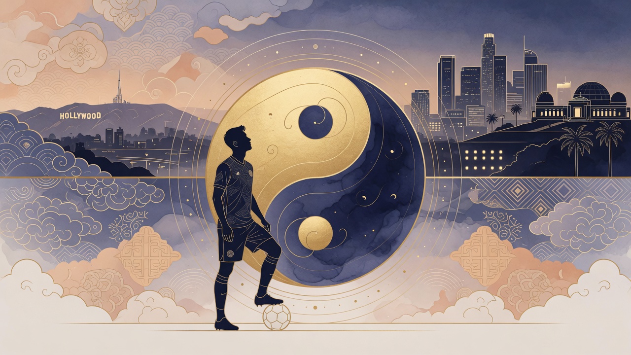 八字命理与足球赛场意象的融合插画