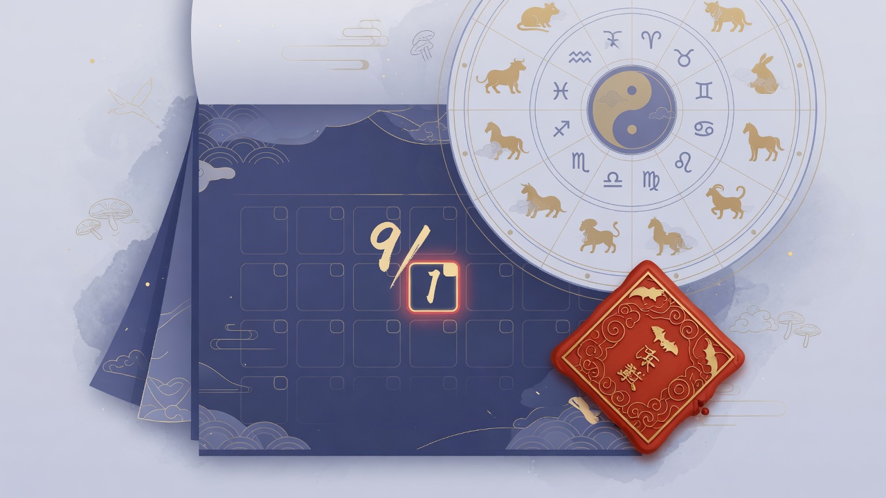东方命理与现代日历结合的概念插画,寓意从传统视角解读特定日期。