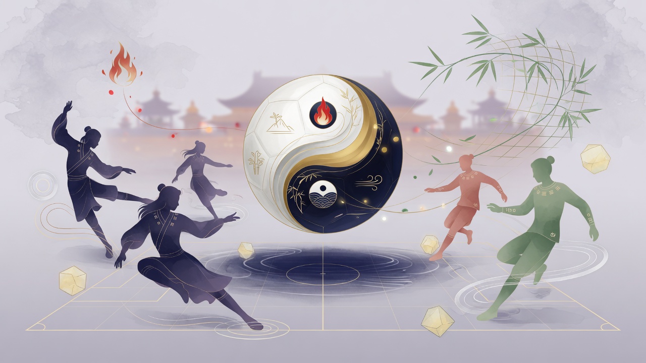 八字五行与足球赛场的抽象融合,展现性格、选择与时机的内在关联。
