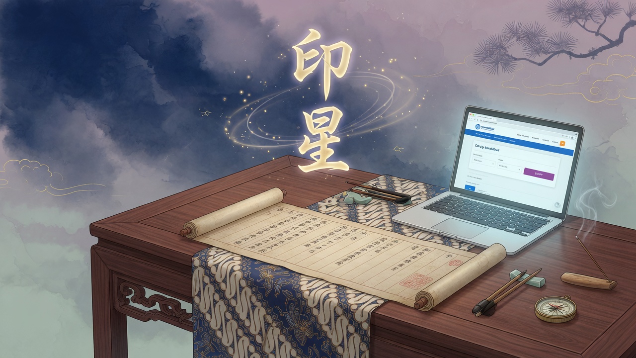 现代东方命理插画:古卷八字排盘与印尼教育网页交融,印星如光浮现,象征传统智慧与现代教育机会的共振。