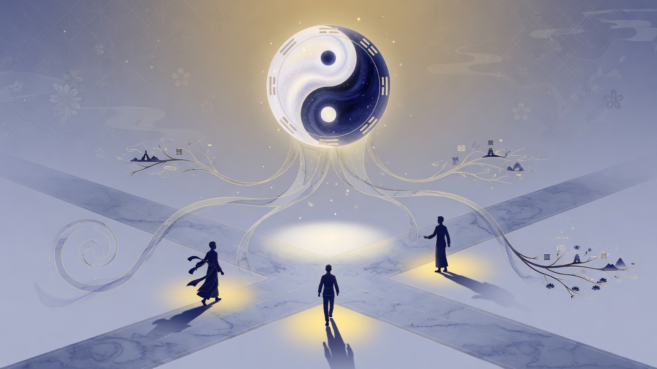八字命理与现代人生选择的意象插画