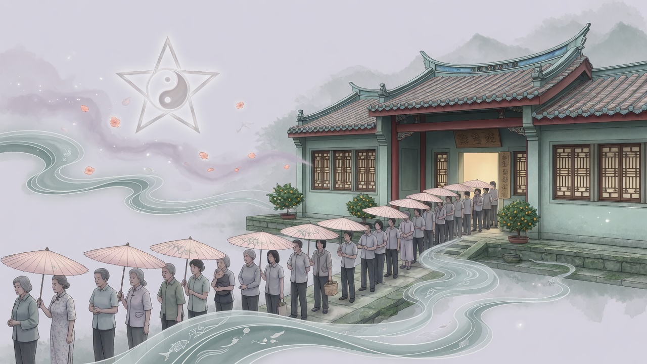 诊所门前排队人潮与命理符号融合的意境插画