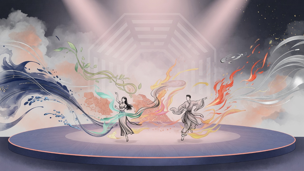 以东方五行能量环绕达人秀舞台的现代水墨风格插画,暗含八卦纹理,无文字。