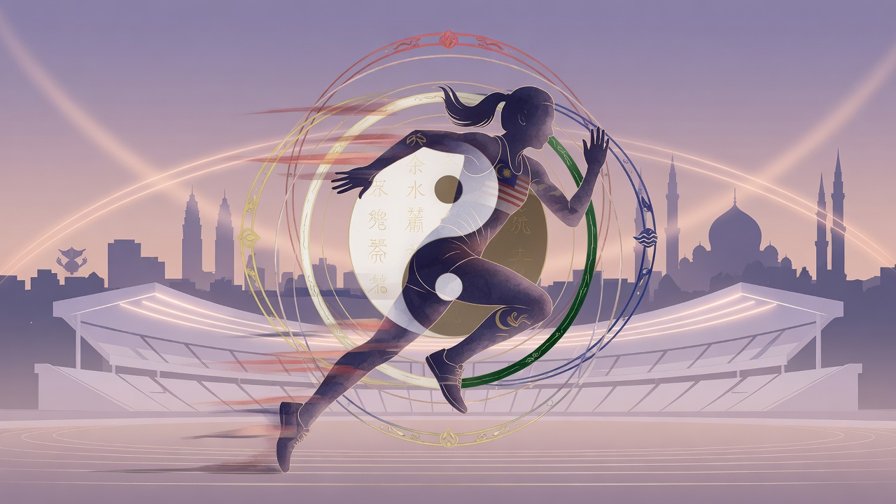 融合马来西亚运动精神与八字元素的现代插画,象征天赋与努力的共振。