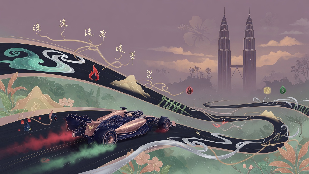 F1速度美学与东方命理元素的现代插画,象征性格、选择与时势的共振。